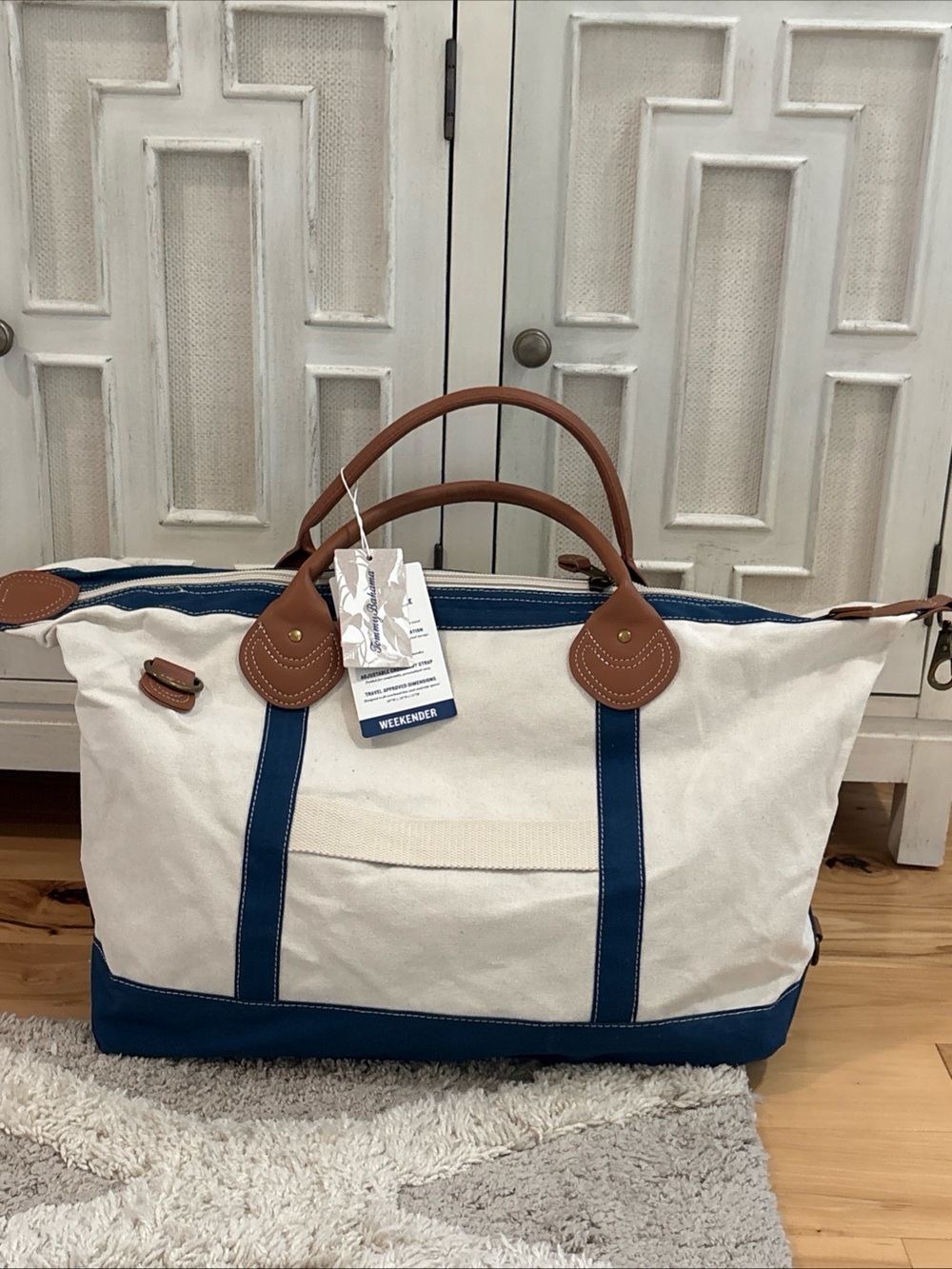 NEW Tommy Bahama Canvas Weekender Bag with Blue Trim and Brown Leather Handles